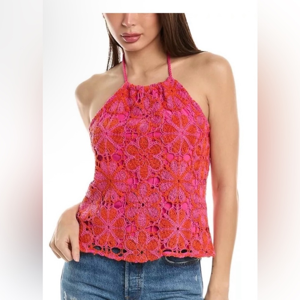 Ramy Brook Floral Crochet Halter Top - Pink and Orange